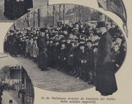 300338 Afbeelding van kinderen van katholieke scholen die zich langs de Maliebaan te Utrecht hebben opgesteld als ...